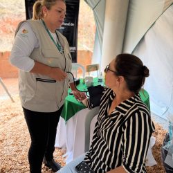 A técnica do Saúde no Campo Patrícia Morezini atendendo os visitantes do estande
